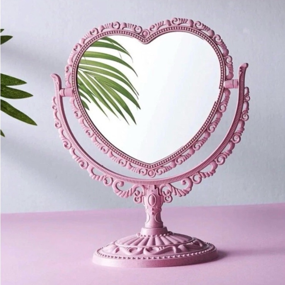 Pink Heart Mirror Double Sides, 1X / 3X Magnifying Desk Mirror, Pink Vintage
